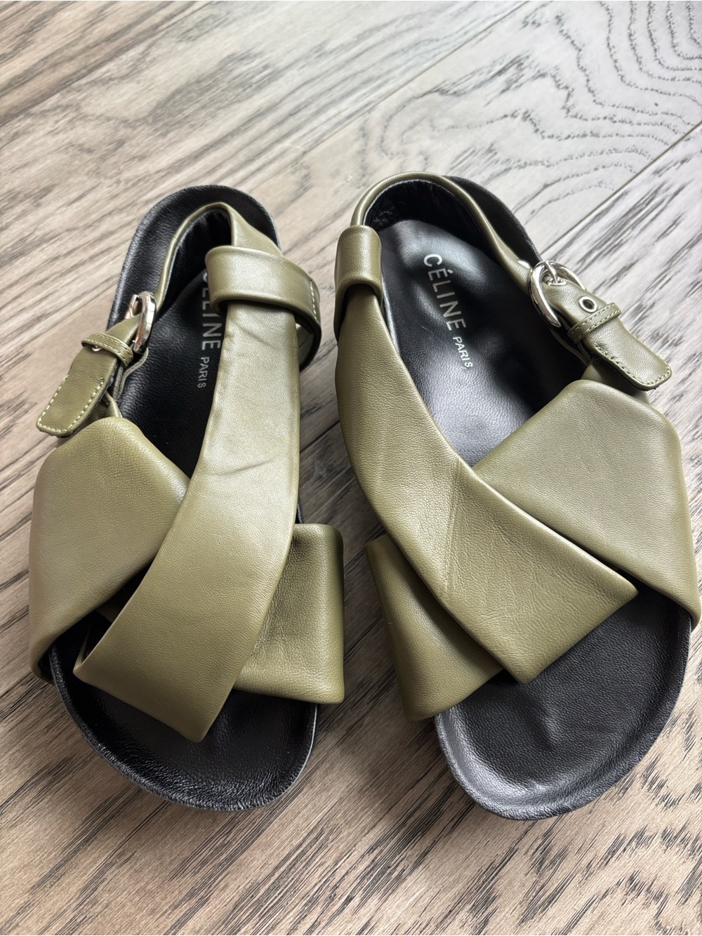 Celine Olive Green Leather Cross-Strap Sandals for Women